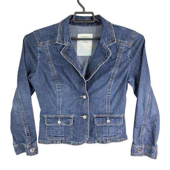 Womens Sonoma Denim Blazer Jacket Button Front Two Pocket Cotton Blend Size L - Picture 1 of 8